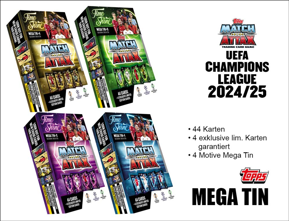 Topps Match Attax UEFA Champions League TC 2024/2025 – MEGA TINS 4 Farben