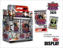 Display mit Trading Cards zur Serie „Turbo Attax Formel 1 2025“