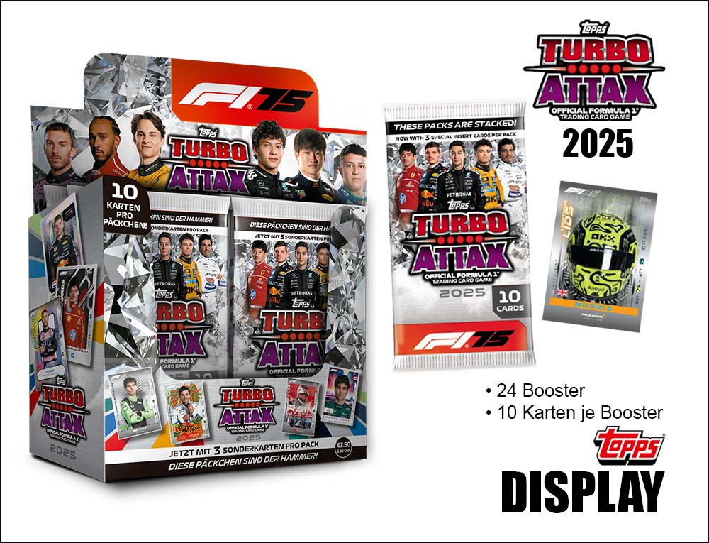 Display mit Trading Cards zur Serie „Turbo Attax Formel 1 2025“