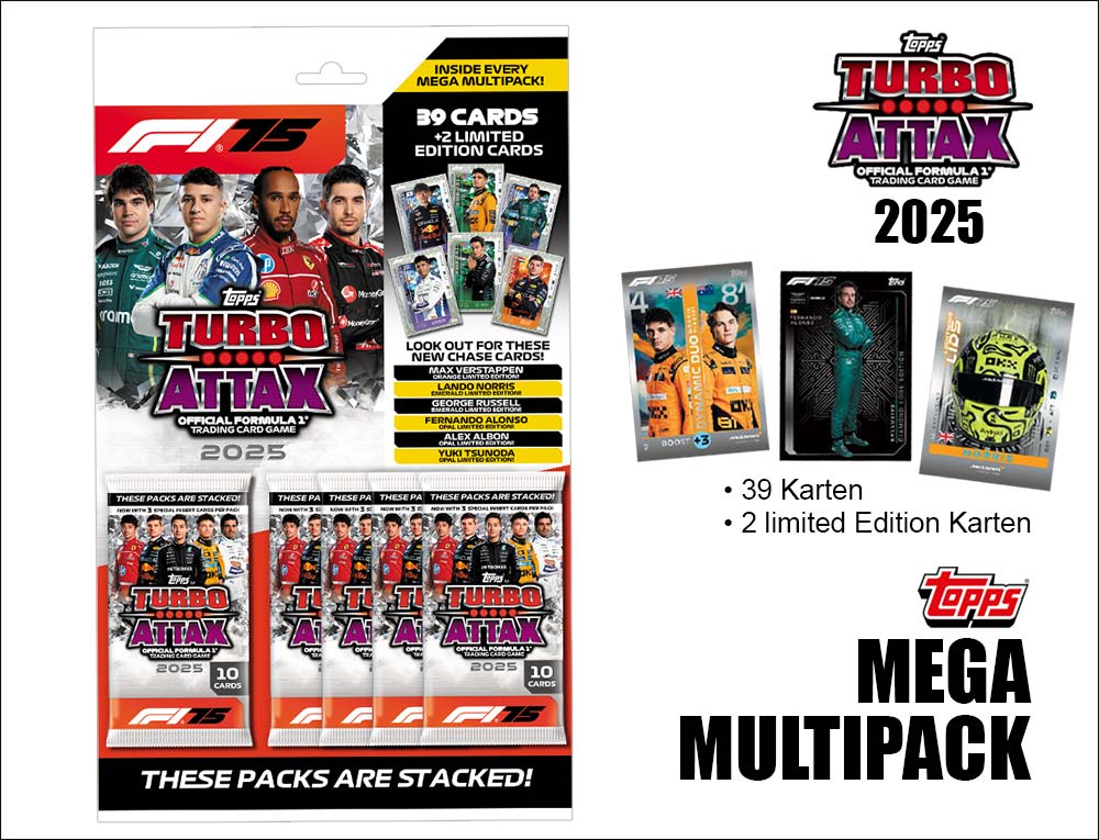 Mega Multipack zur Serie „Turbo Attax Formel 1 2025“ mit mehreren Boostern