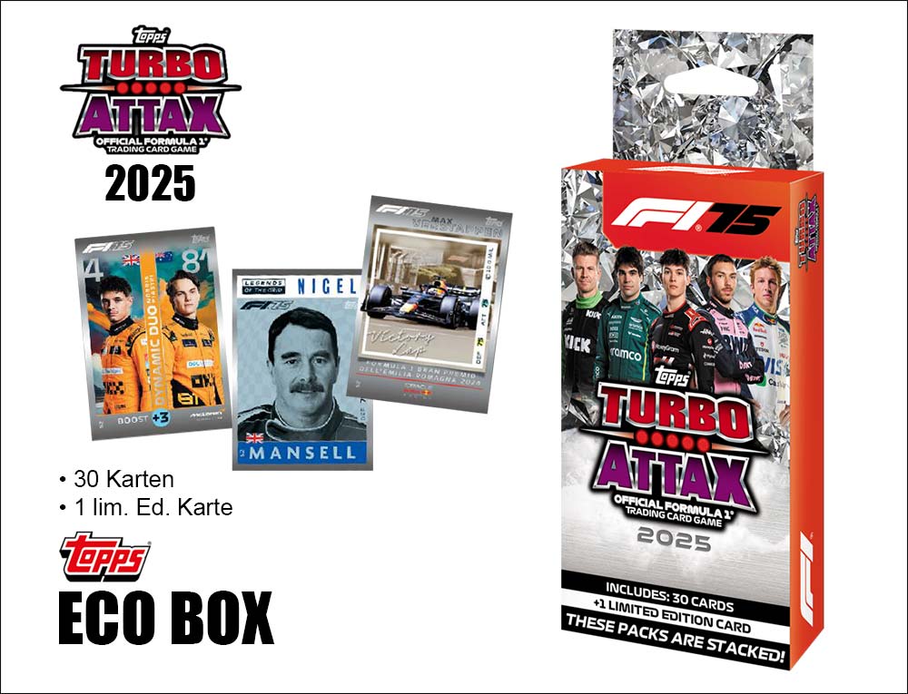 Eco Box mit Karten zur Serie „Turbo Attax Formel 1 2025“